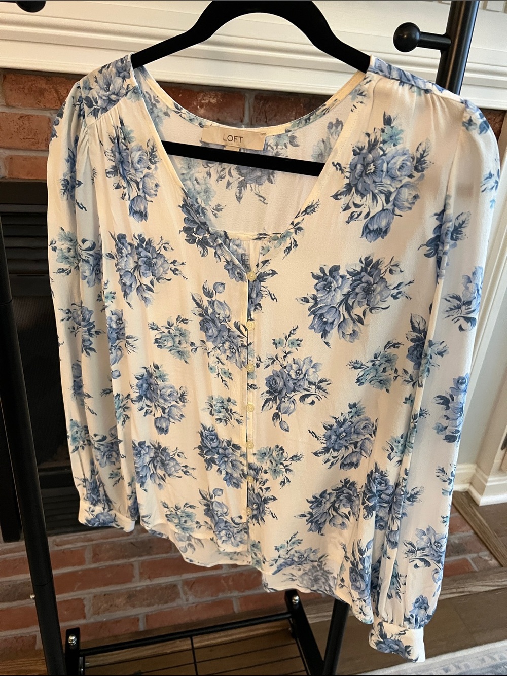 LOFT Cream Blouse with Blue Floral Print